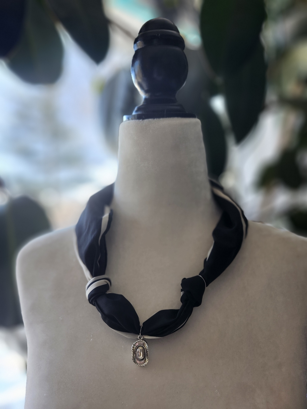 Elegant Black Knot Scarf Necklace Silver Cowboy Hat Pendant Upcyled Handmade